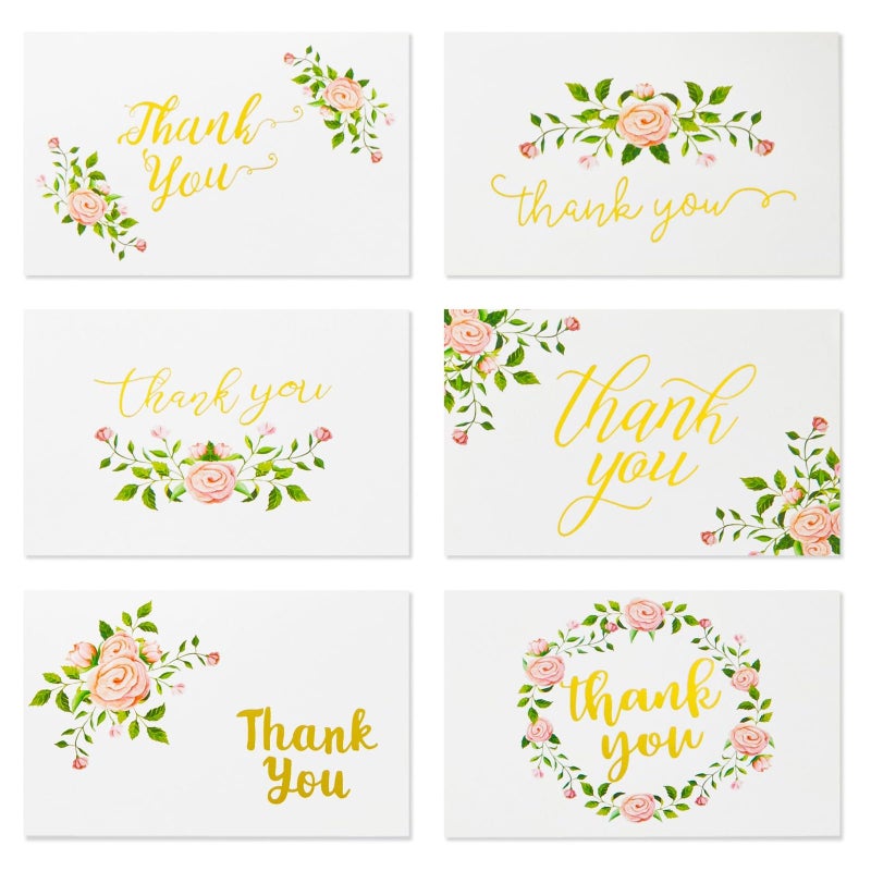 Sustainable Greetings Thank You Notes with Envelopes - 4 x 6 In, Pink Rose Floral, 48-Pack - Gold Foil Accents for Wedding Thank You, Bridal Shower & Baby Shower - Image 1